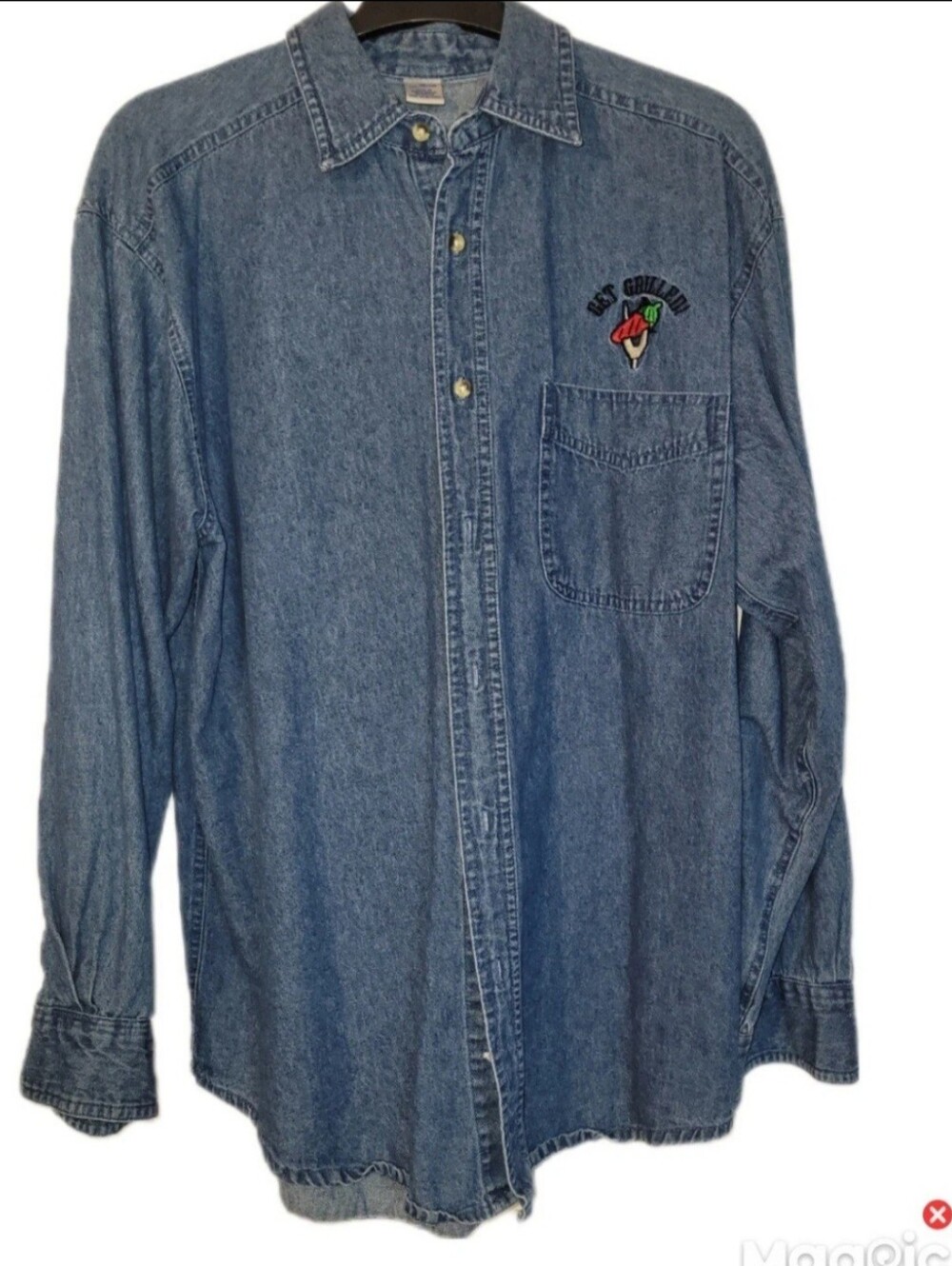 Men's Blue Denim Embroidered "Get Grilled Med Button Up Longsleeve Cotton Shirt